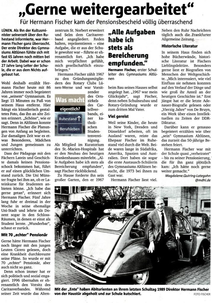 Bericht über Herrn Fischer im Ruhestand. Ruhrnachrichten vom 2.8.2017