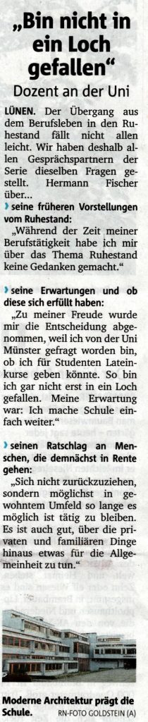 Bericht über Herrn Fischer im Ruhestand. Ruhrnachrichten vom 2.8.2017