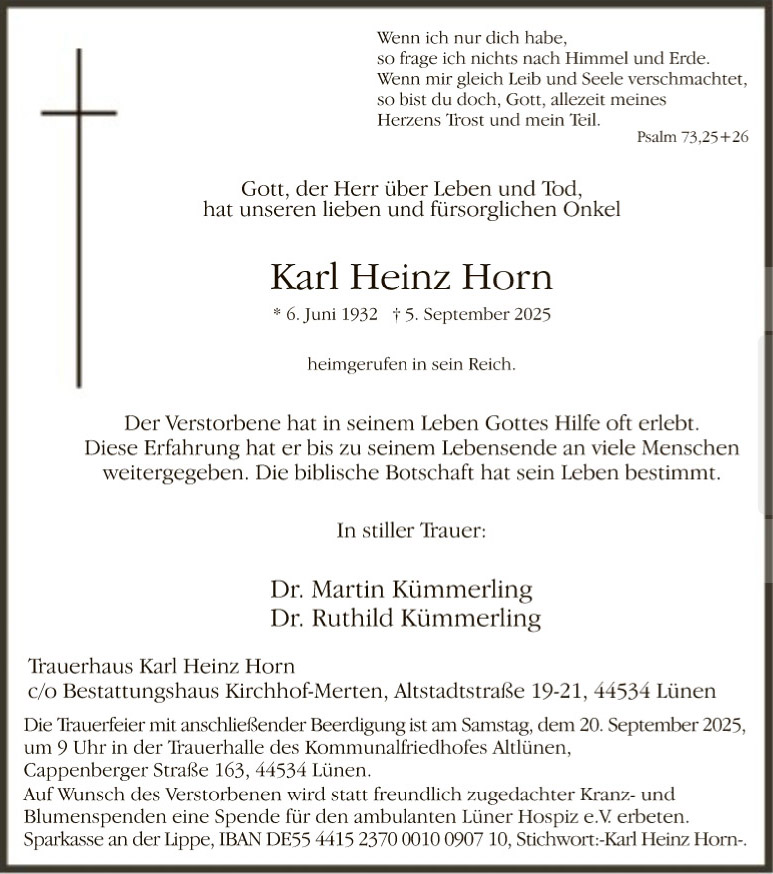 Todesanzeige der Familie von Herrn Horn aus den Ruhrnachrichten vom 13. September 2025