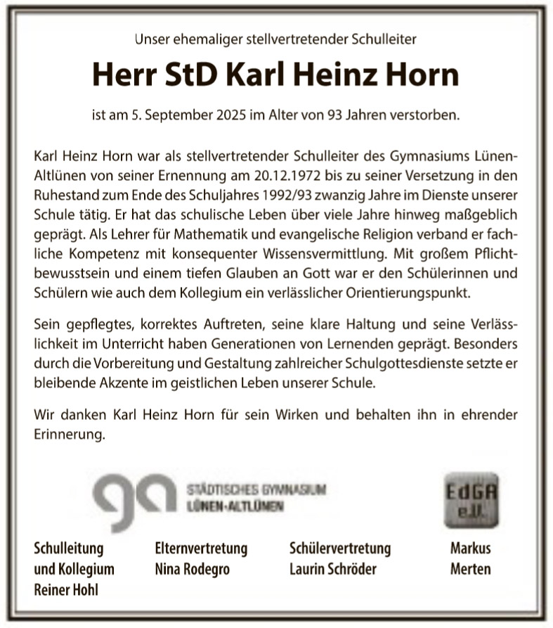 Nachruf der Schule auf Herrn Horn aus den Ruhrnachrichten vom 4. Oktober 2025