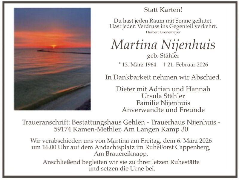 Todesanzeige von Martina Nijenhuis (Stähler) aus den RuhrNachrichten vom 3. März 2026