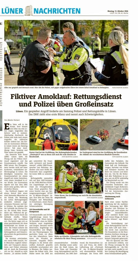 Bericht über die Amoksimulation am GA, Scan aus den RuhrNachrichten vom 12.10.2026